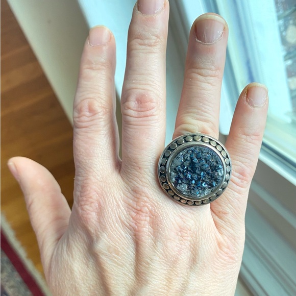 Vintage Druzy Stone Silver Ring Size 8 Opalescent Iridescent Crystals MARKED - Picture 2 of 10